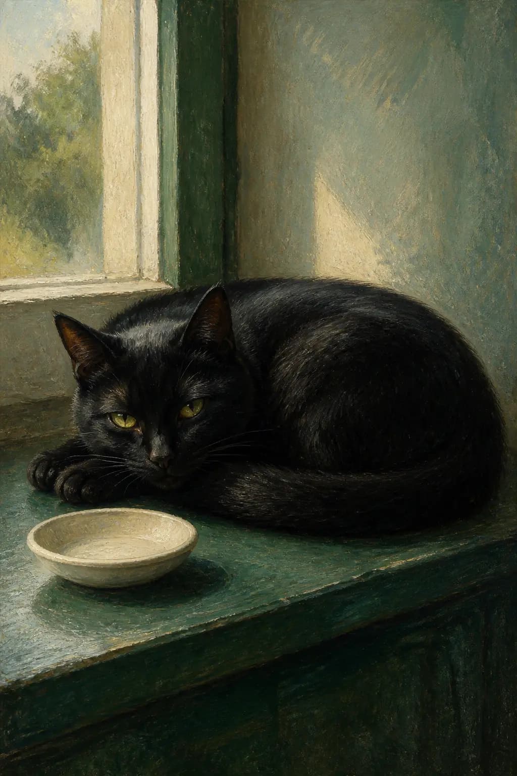 Schwarze Katze auf grüner Fensterbank