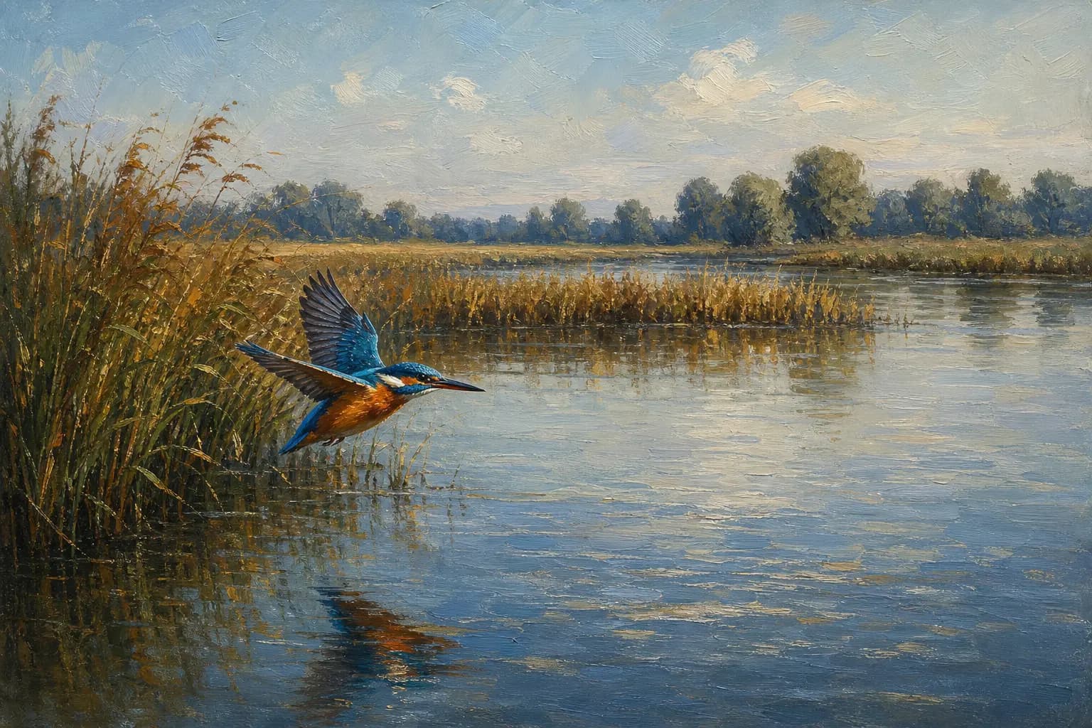 Eisvogel über Theiß-Schilf