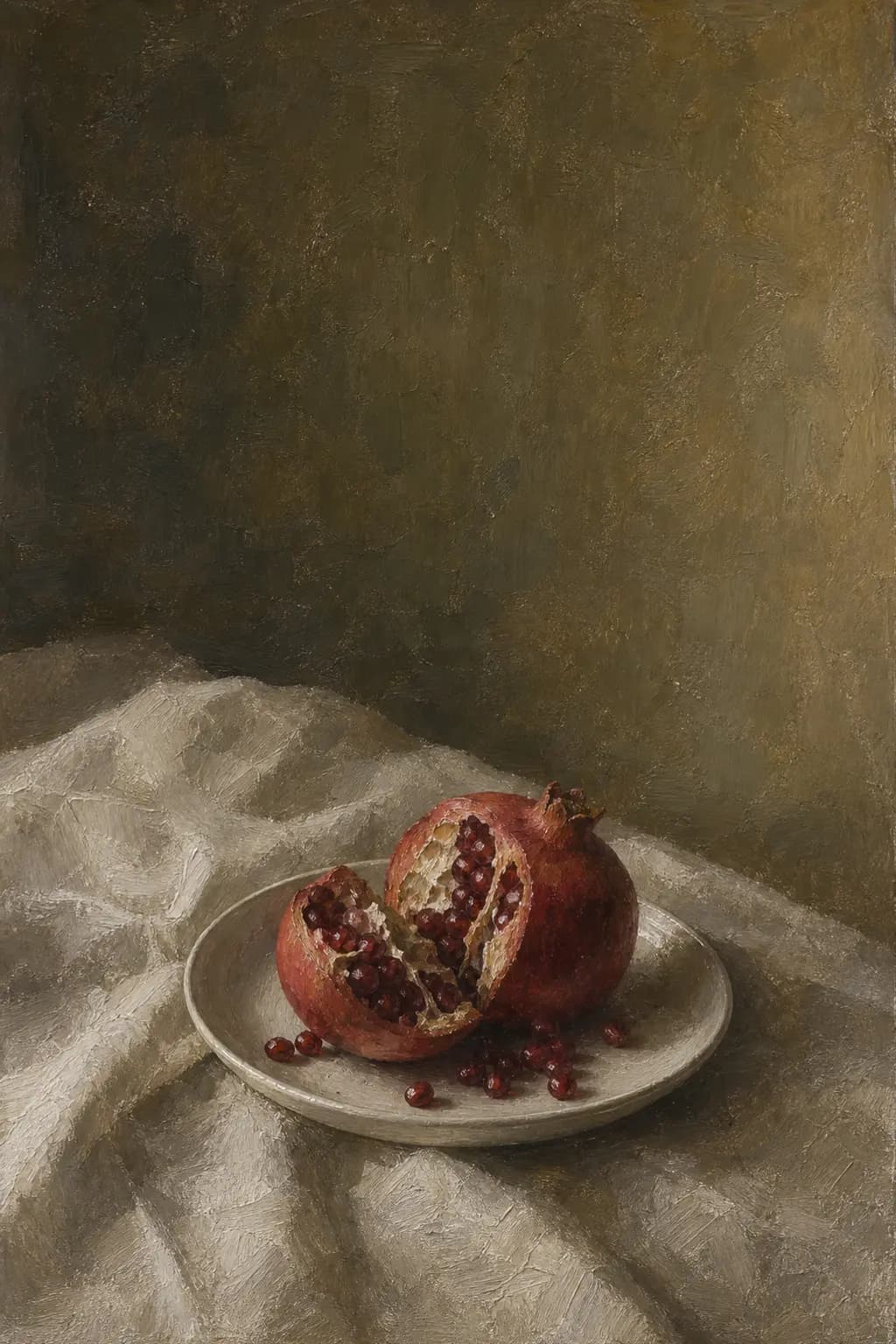 Granatapfel auf geknittertem Leinen