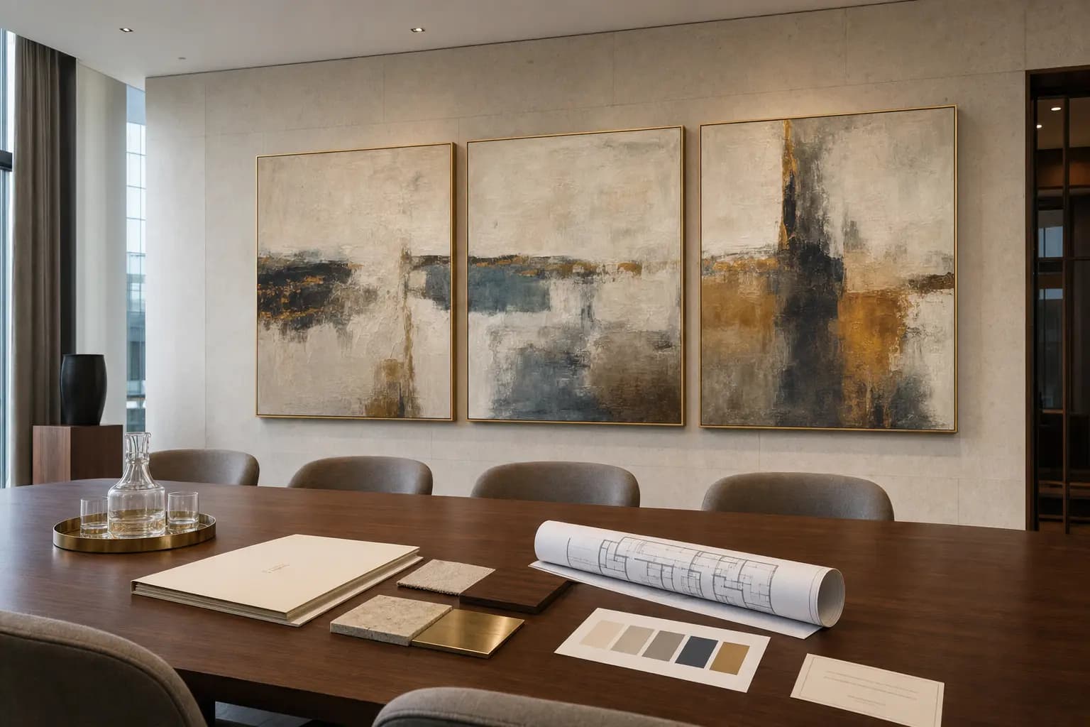 A curated corporate commission brief with original canvases in a Budapest studio