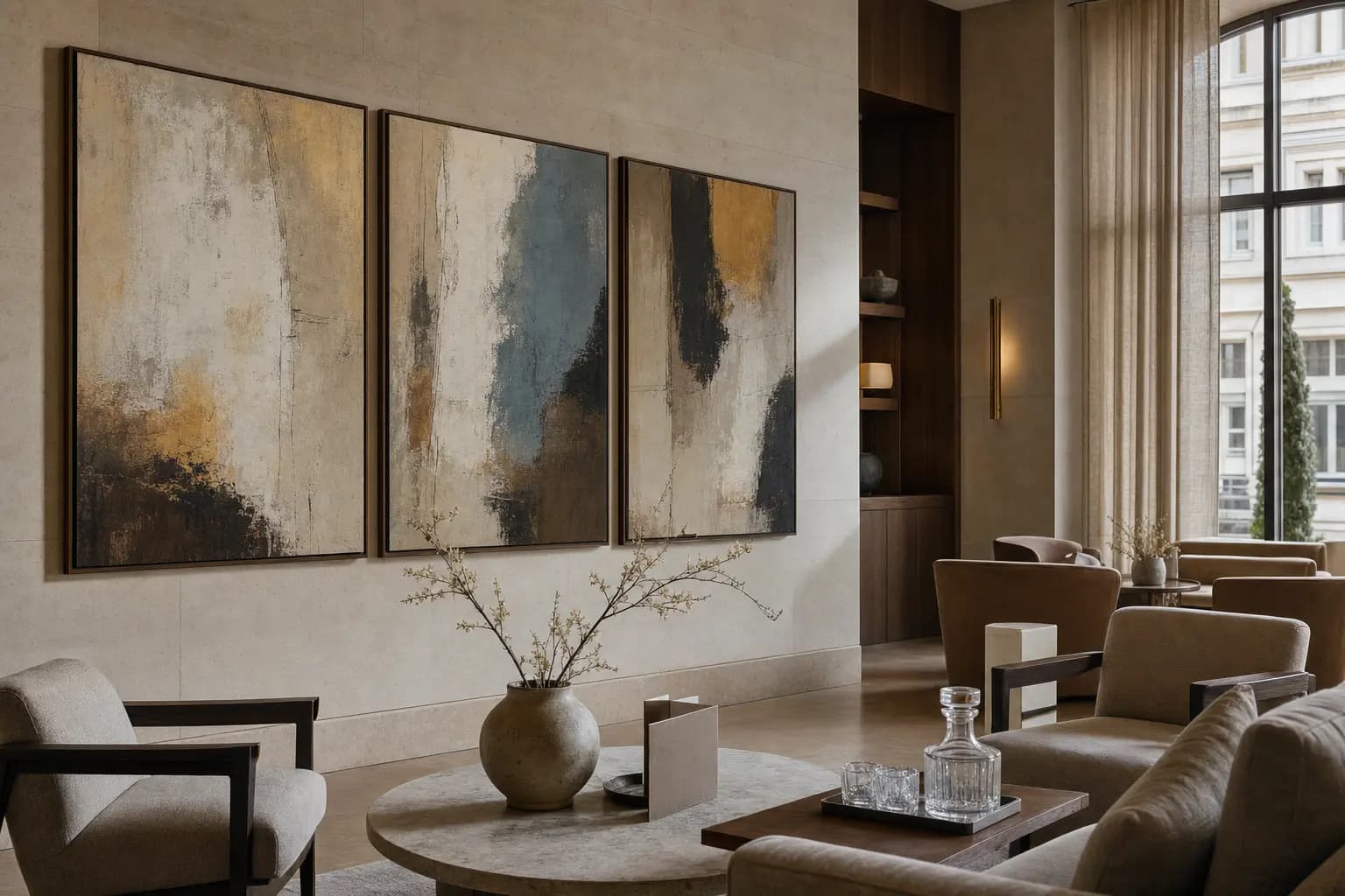 Original commissioned paintings installed in a refined office or hospitality interior