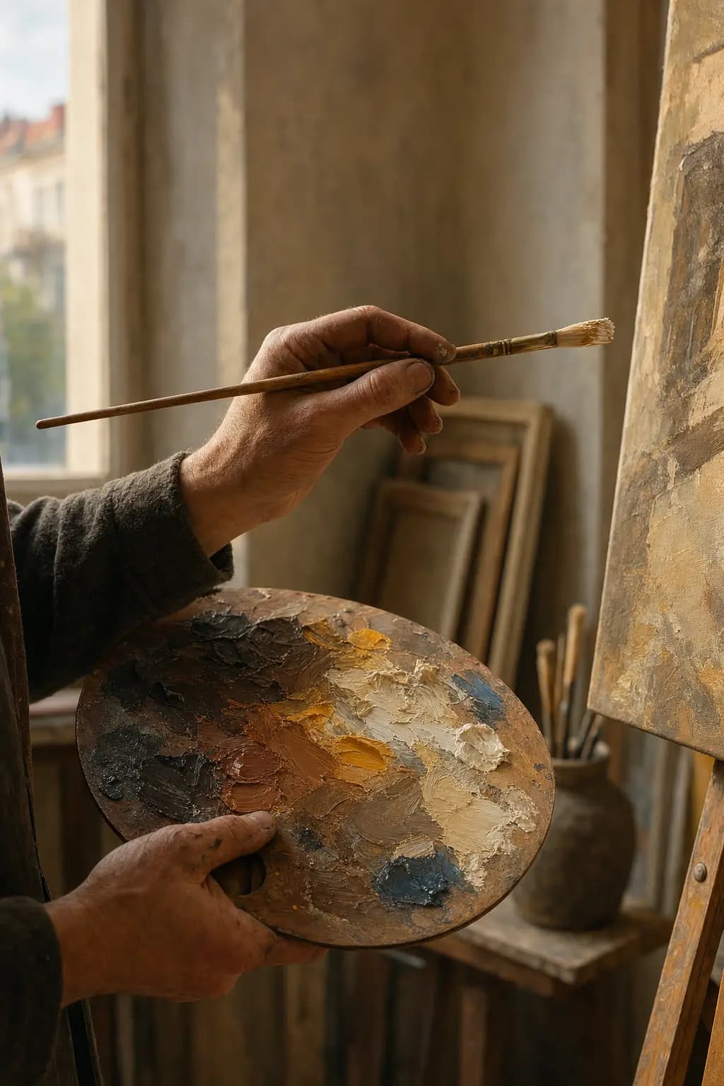 Close-up of an artist's palette and brush mid-stroke