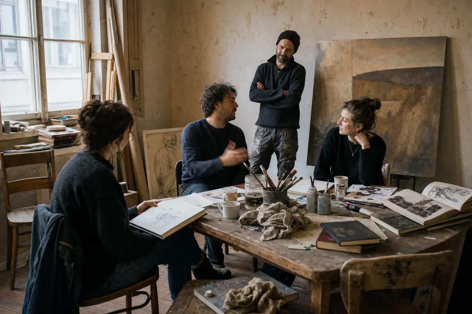 Artists discussing work around a studio table