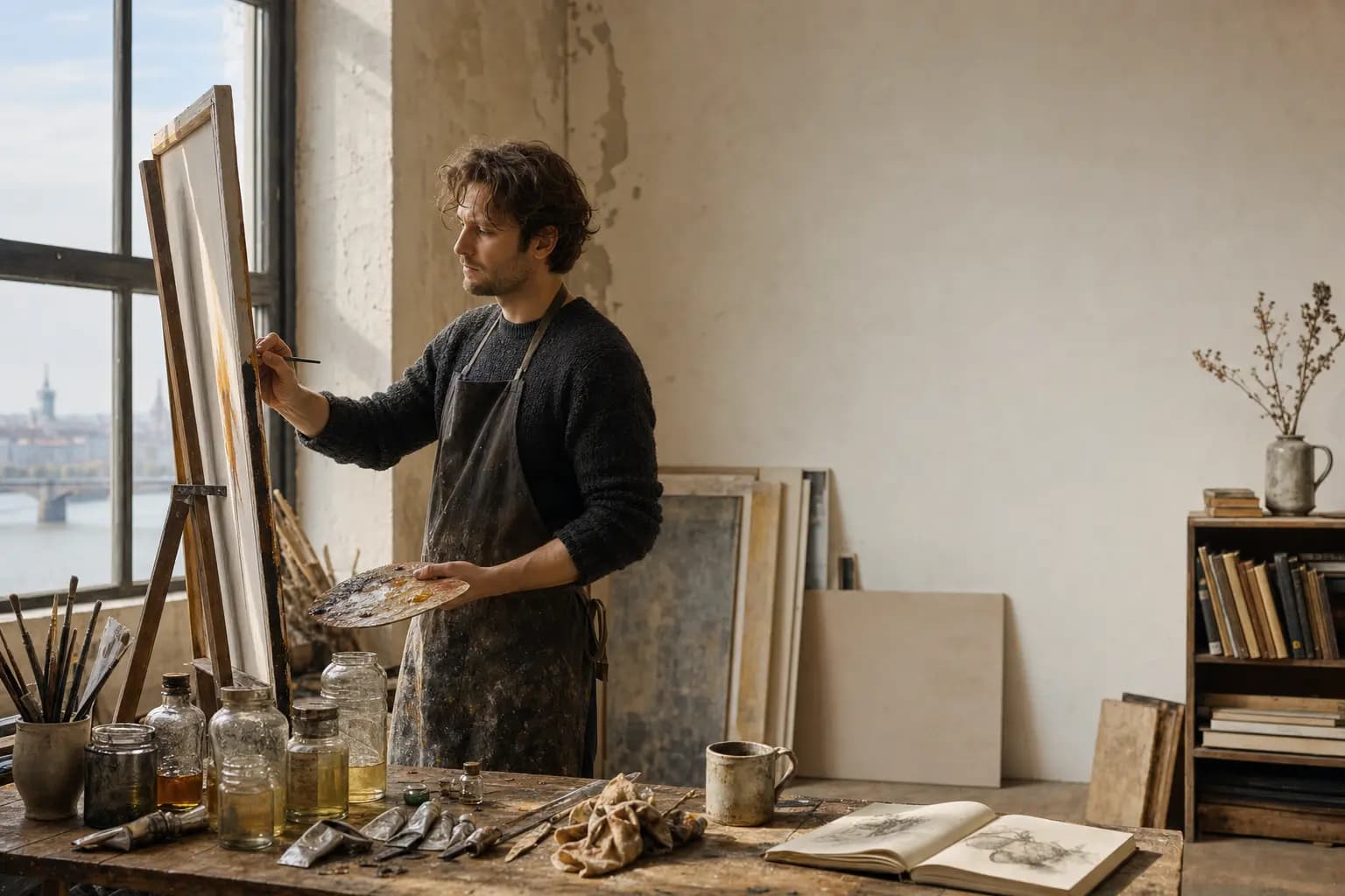 A Hungarian painter at work in a sunlit Budapest studio