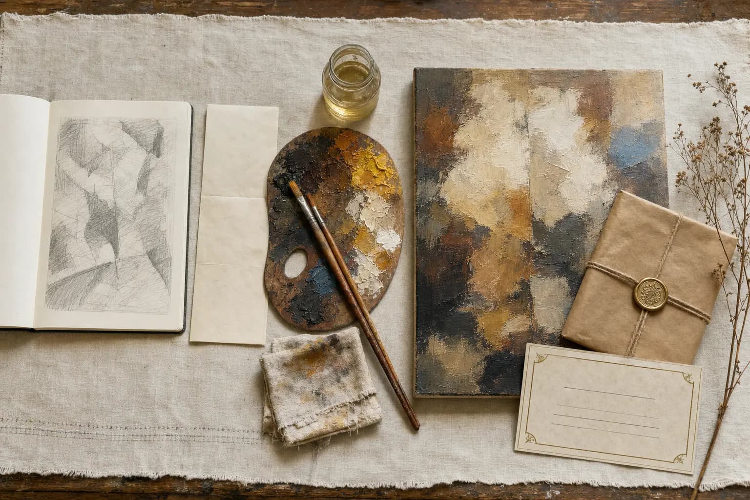 Overhead flat-lay of the journey from concept sketch to finished canvas