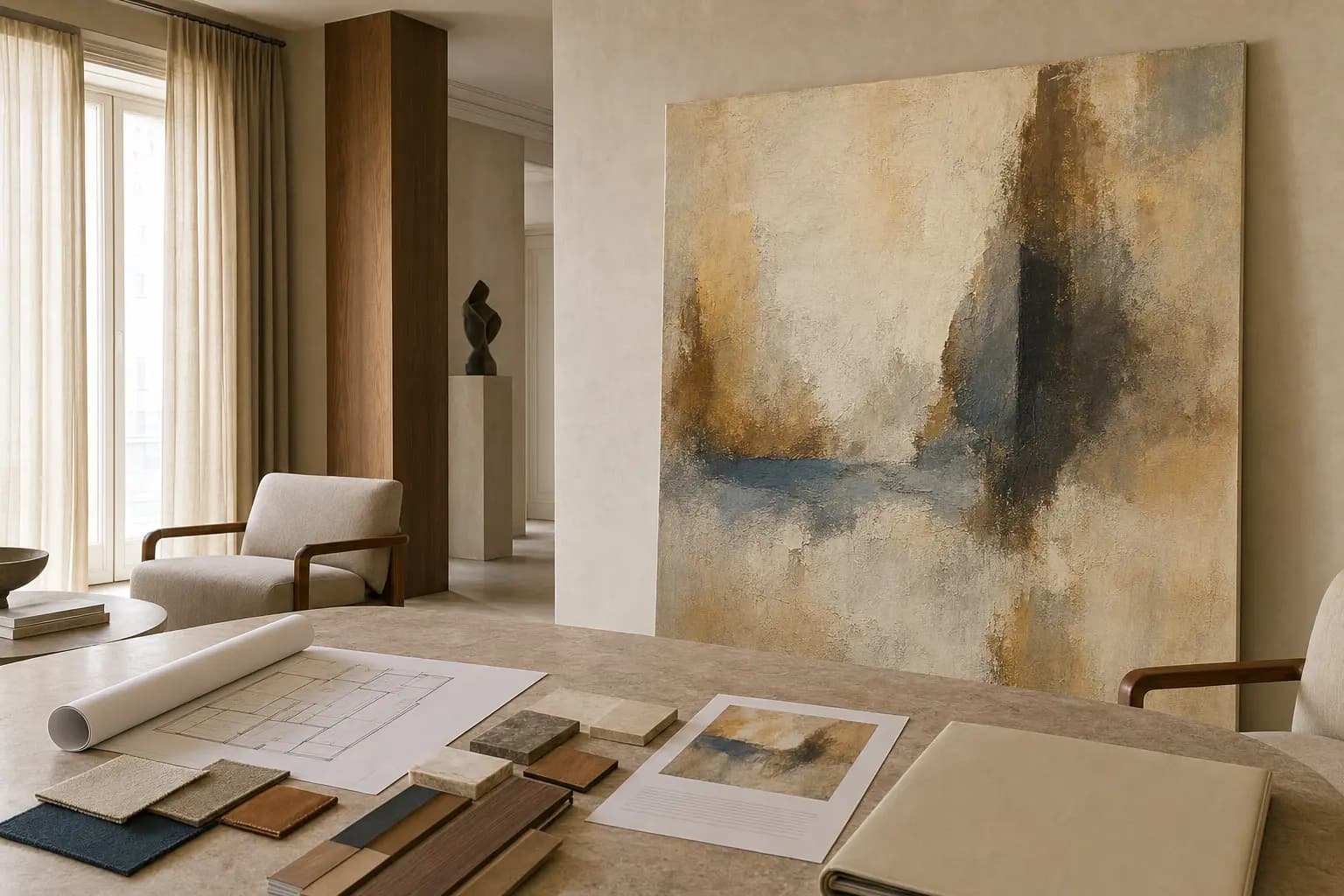 Interior design presentation materials beside an original commissioned painting